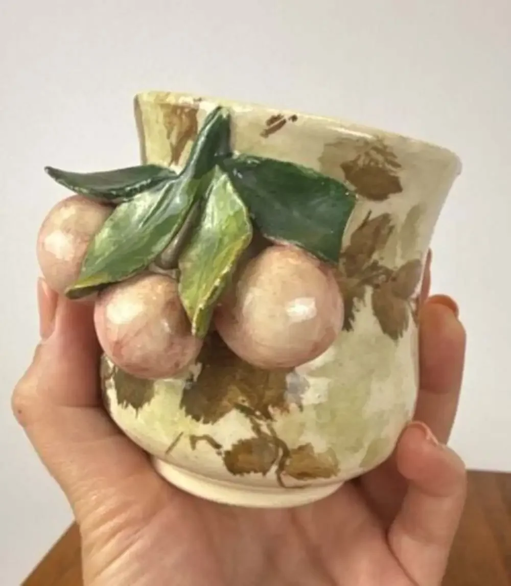 Vintage Italian Majolica Ceramic Bud Vase with Applied Fruit Motif